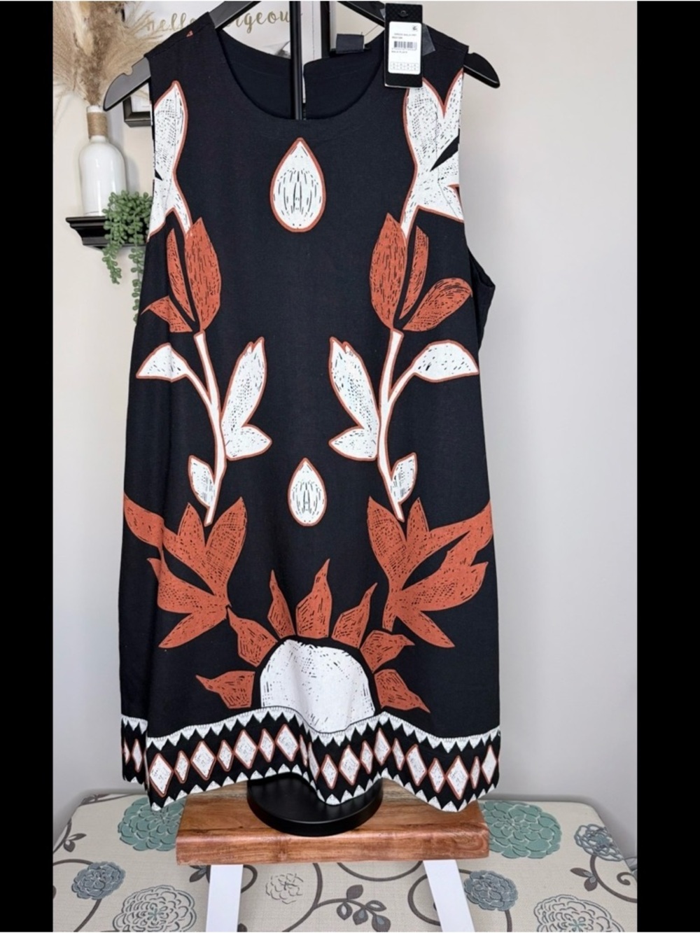 City Chic Black Dress with Rust & White Botanical Accents
